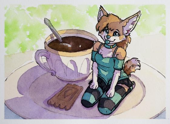 A watercolor painting of a tiny anthro fennec girl in a teal dress sitting on a big plate with a large cup of coffee next to her.