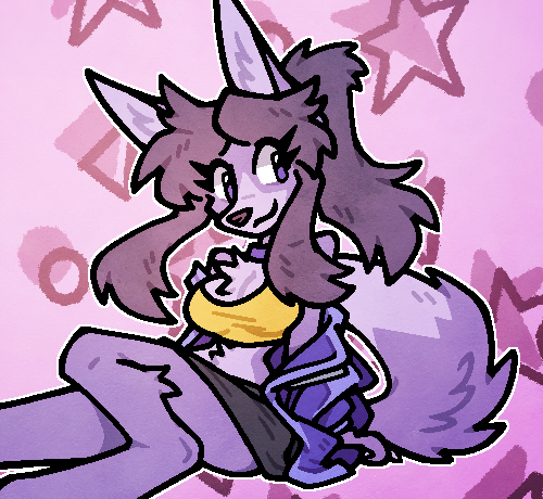 A purple wolf sitting lying down
