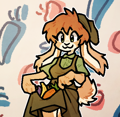 A lop rabbit holding a bunch of fruits and vegetables with her skirt