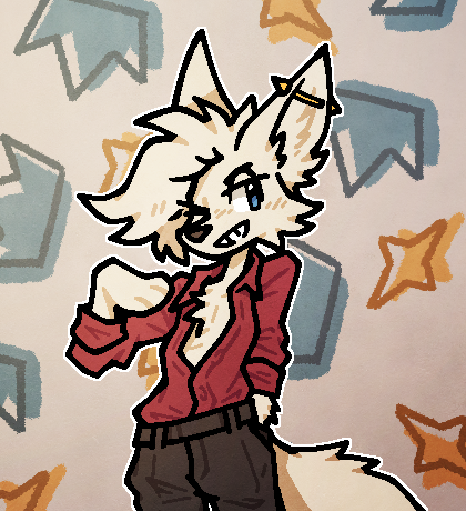 A white wolf in a red shirt with a sly grin