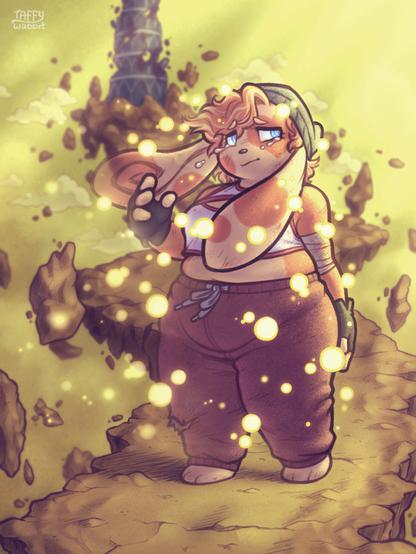 Penny, a stout little anthro Spinda with lop ears blowing in the wind, stands on a narrow floating bridge of cracked stone, with a crumbling blue-grey tower in the distant background. She halfheartedly waves goodbye to the viewer, maintaining a grim half-smile as tears fall from her eyes. She is enveloped both by the golden light of the rising sun, and little glowing orbs of yellowish light swirling around her, as she begins to visibly fade away.