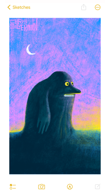 The onset of evening in a barren, flat place. The sky is blue fading to pink, with yellow in the horizon. In the top left is a thin white crescent moon. In the foreground looms the Groke, a vast, dark, hill-shaped creature with a wide nose; staring yellow eyes; and a flat mouth showing teeth. The painting is signed "Chris Silverman".