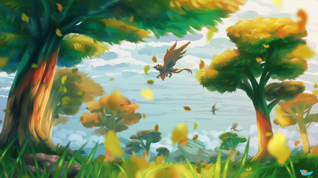 painting of a plain background during day, focusing on two big trees that surround the view, with a majestic flying gryphon in the middle