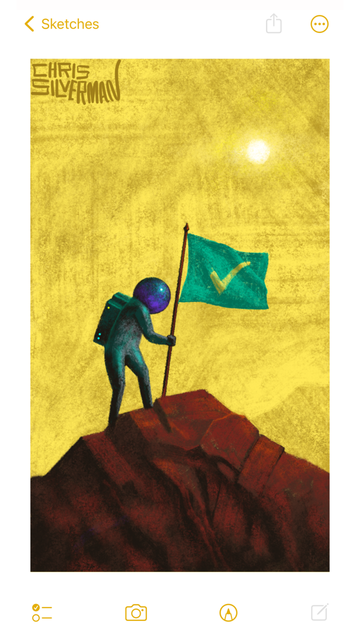 A red, rocky mountain under a yellow sky. On top of the mountain, a person wearing a shiny greenish space suit with a backpack and iridescent purple helmet is planting a flag. The flag is entirely green with a yellow checkmark. A mountain range is dimly visible in the distance. A hazy white sun sits in the sky. The painting is signed "Chris Silverman".