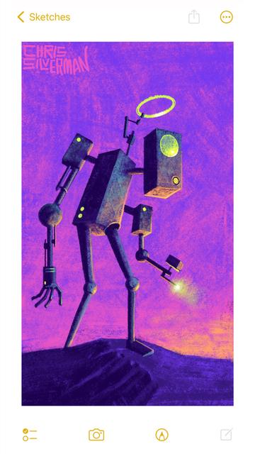 A large robot haphazardly constructed from boxes and rods wanders across a purple landscape. The sky is purple, with an orange glow on the horizon. The robot has a number of yellow-green lights on its various parts. The robot's head has a large round green eye, and a neon-green halo attached to its head. At the end of one of its arms is a hand. The other arm has a tool with a glowing light on it. The painting is signed "Chris Silverman".