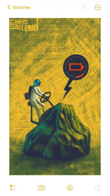 A person wearing a space suit sits in a tractor-style seat attached to a boulder, holding a steering wheel as though they are driving the boulder. They are not going anywhere. The boulder is emitting a black speech balloon with a red battery icon. The sky is yellow; the boulder is dark, with tinges of dark green and fluorescent green. The painting is signed "Chris Silverman".