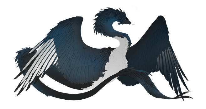 Digital art of a coatl (a feathered, winged snake) with magpie markings.