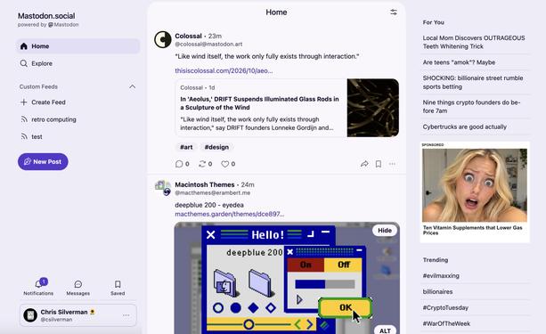 A satirical mockup of a nightmarish version of Mastodon where the currently empty right sidebar is crammed with Twitter-esque lists of trending garbage like "Local Mom Discovers OUTRAGEOUS Teeth Whitening Trick" and "#evilmaxxing". A Taboola-style "sponsored" ad shows a bizarre picture of a horrified blond woman and the headline "Ten Vitamin Supplements that Lower Gas Prices".