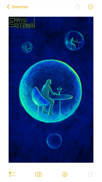 An iridescent green bubble floats in a dark blue space. The bubble has a slight texture to the outside, as though it is a planet or a cell. Sitting inside the bubble on a curvy designer chair is a person holding a cocktail. They are sitting at a round glass table. In the far distance, other bubbles with people in them are seen. The painting is signed "Chris Silverman".