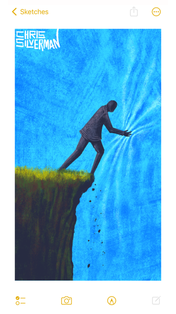 A person stands on the edge of a grassy cliff, reaching into the blue sky and grabbing it. The sky wrinkles where the person clutches it as though it is made of paper. The painting is signed "Chris Silverman".