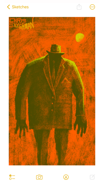A hulking, dark figure stands against a red sky, a yellow-green moon glowing in the top right of the sky. The figure is monstrously large with a small head and huge hands. It is wearing a top hat, a suit coat, and a tie and pocket square. Its face is not visible, hidden in shadow. The painting is signed "Chris Silverman".