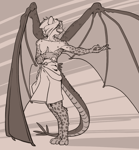 Cheetah dragon combo, on two legs, in a skirt! His hand and wing are extended out on one side, and his other hand and wing cover one side. The wind is blowing is hair and he's smiling at someone. Maybe he's inviting them for a flight.