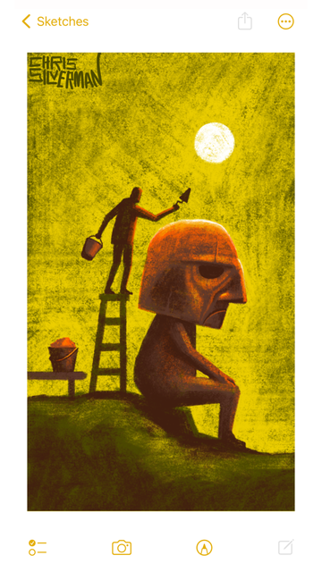 A person stands on a ladder, holding a trowel and a bucket. They are shaping the clay head of a giant clay figure sitting in front of them. The head has a grim expression and is disproportionately large compared to the figure's body. It looks as though it is being worn like a helmet. Both the head and the figure are an orange-brown clay color. Next to the ladder sits a small table with another bucket of orange clay on it. The sky is bright yellow, under a blazing white sun. The painting is signed "Chris Silverman".
