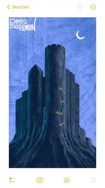 A minimalist stone castle with smooth walls and only two turrets looms against a blue evening sky. In the top right of the sky is a white crescent moon. The castle is fused into the rocky ground, with rocky striations that look a little like tree roots. Running up the side of the larger turret is an ominous crack that someone has tried to clumsily patch with brown duct tape. The painting is signed "Chris Silverman".