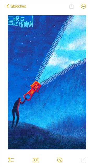 A person stands on a hill under a blue evening sky dotted with stars. The person is reaching out to grasp a very large red zipper. The zipper is casting a red glow on the front of the person. The zipper has unzipped part of the night sky, revealing a blue daytime sky with white clouds. In the distance of the nighttime scene is a dim line of trees. The painting is signed "Chris Silverman."