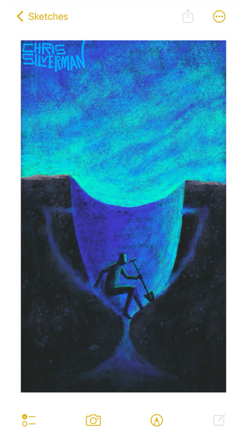 A person sits at the bottom of a giant hole, under a blue evening sky. The hole is viewed in cross-section; the shape, as well as two handles and a stand below it, suggest a trophy cup. The person is holding a shovel. An eerie green glow covers the horizon. The painting is signed "Chris Silverman".