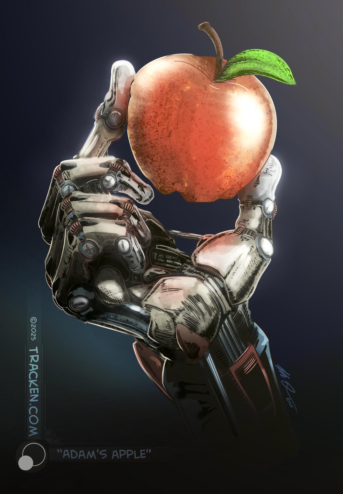 A robotic hand holds a shiny red apple, with a green leaf attached. The background is dark, emphasizing the contrast between the hand and the apple. The artwork is titled "Adam's Apple."