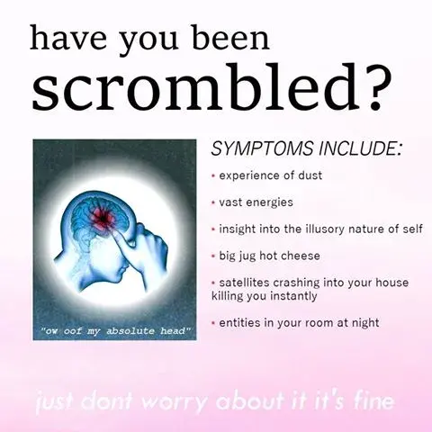 have you been scrombled?

SYMPTOMS INCLUDE:
• experience of dust
• vast energies
• insight into the illusory nature of self
• big jug hot cheese
• satellites crashing into your house killing you instantly
• entities in your room at night

(Includes an illustration of a person holding their forehead as their brain looks angry and red, captioned "ow oof my absolute head")

just dont worry about it it's fine