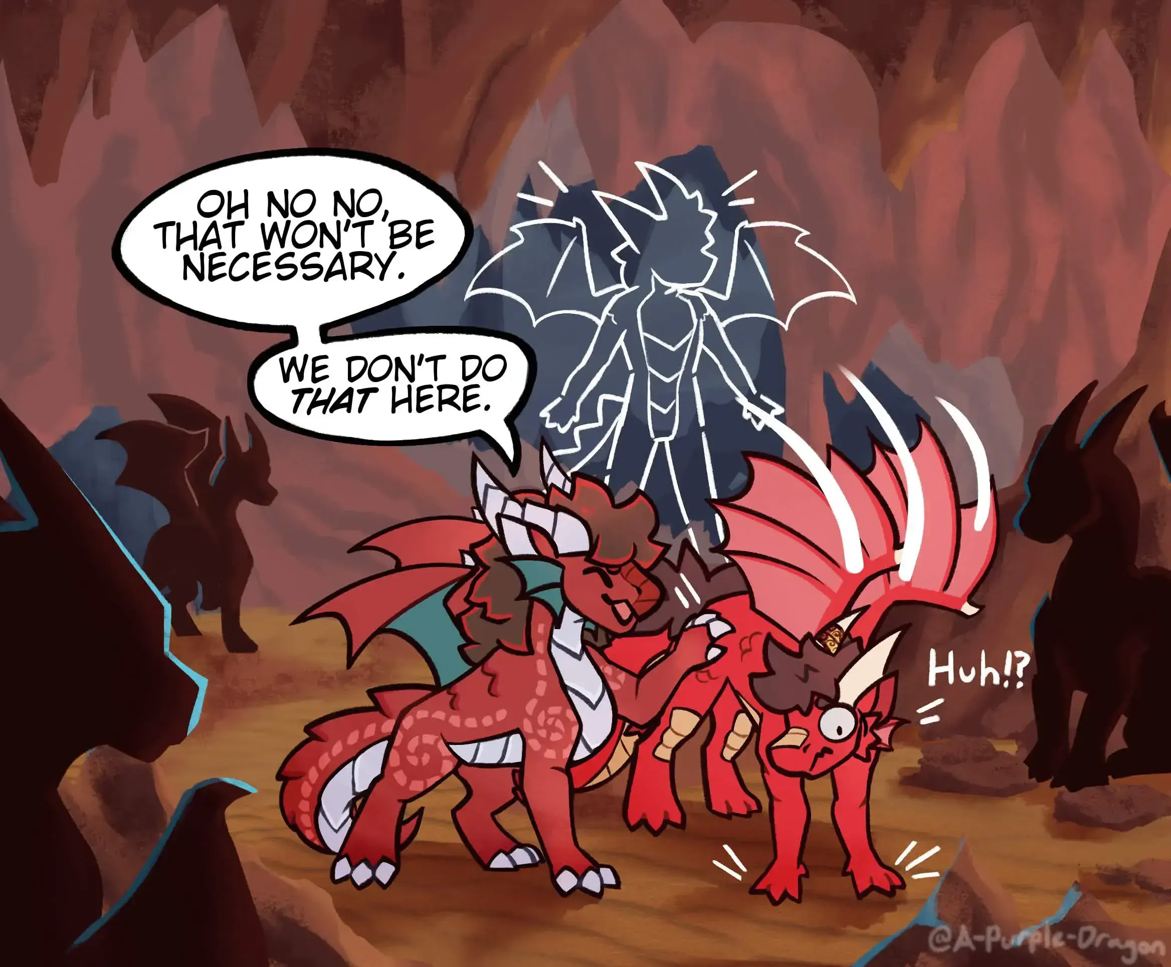 A dragon stands awkwardly on all fours surrounded by other dragons, an outline of a dragon standing on two legs behind it. A quadrupedal dragon pats the dragon on the back, saying "Oh no no, that won't be necessary. We don't do *that* here." (meaning standing on two legs)